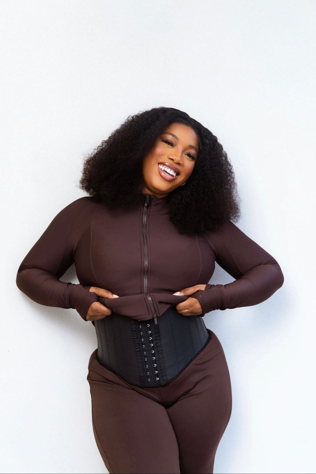 Steel bone waist trainer outdoor lifestyle shot - full length